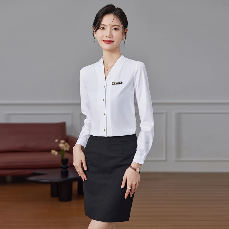 NAVIU 2025 nueva camisa de gasa Lisa Simple para mujer azul marino blanco blusas y Tops de manga larga para mujer blusas de oficina