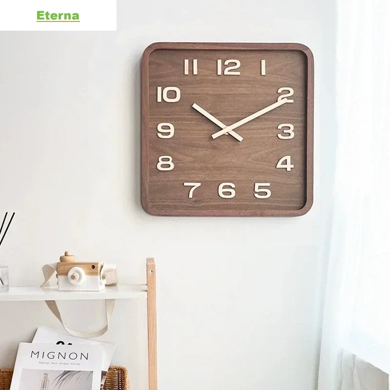 Retro Walnut Solid Wood Square Wall Clock Silent Minimalist for Living Room Home Decor