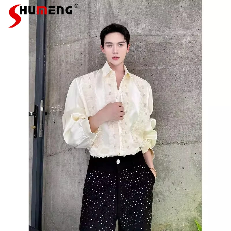 

2024, весна-осень, новая мода, рубашки с жемчужным деревом и краями ушей, мужские модные топы с длинными рукавами, модные свободные удобные легкие роскошные рубашки