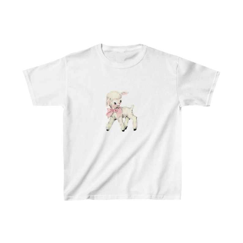 Lamb Pink Bow T-shirt Vintage Loose Oversized Unisex Print T-shirts for Men Women Fashion Hip Hop Casual Streetwear Breathable