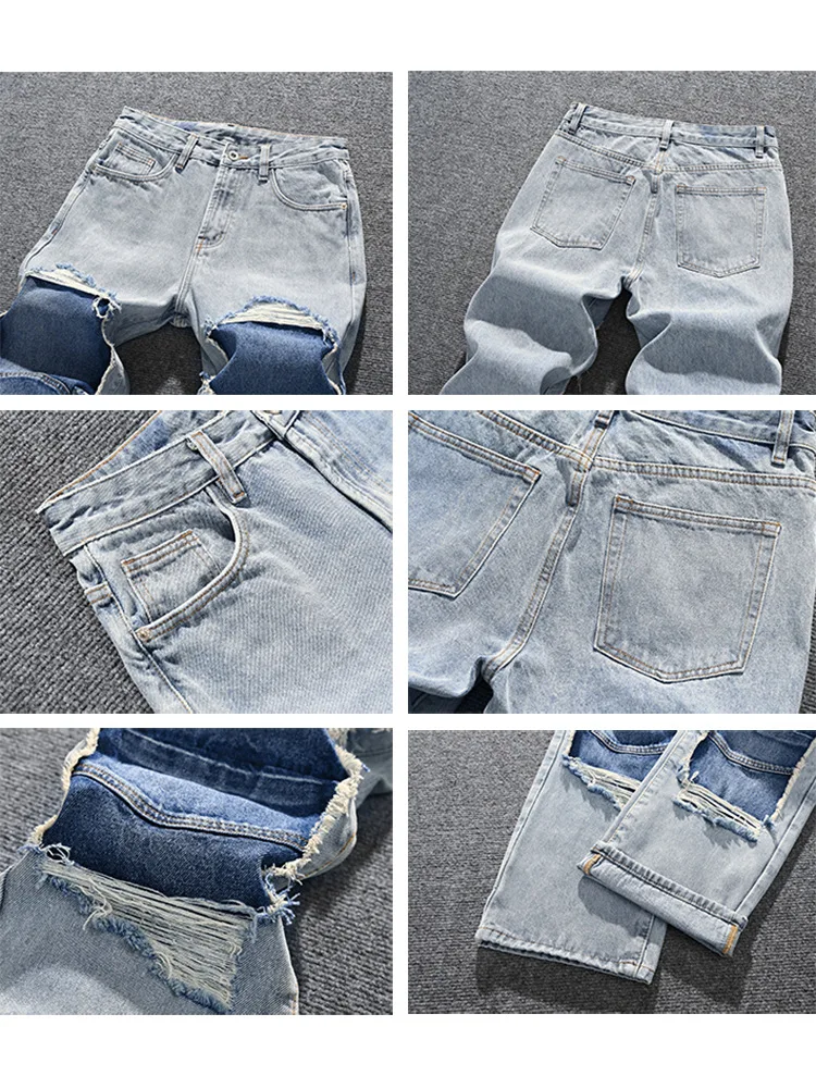 

European and American trendy high street retro distressed patch loose straight leg jeans men's patchwork design wide leg pants