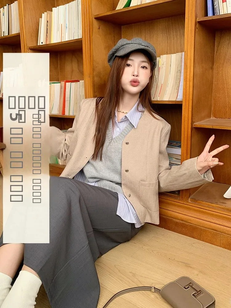 

i Color V-Ne ort Coat for Women Slimming High Quali Bubble Cardigan Commute Sle Long Sve Pure Color Button Closure