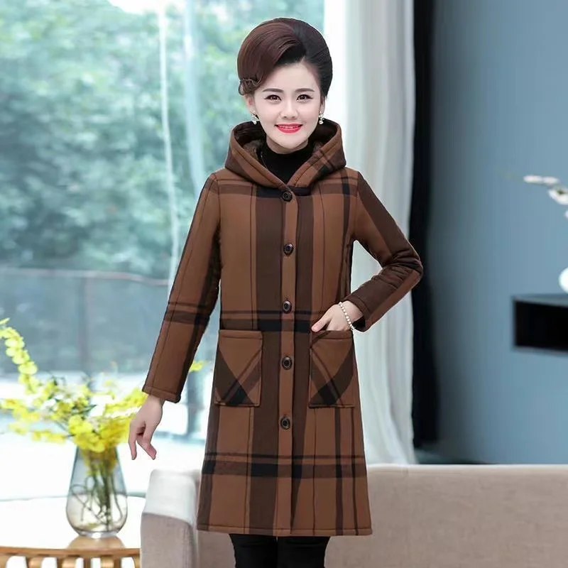 2023 New Women's Winter Jacket Coat Plaid Velvet Warm Mid Long Cotton Padded Jacket Middle-aged Female Hooded Outerwear 5XL