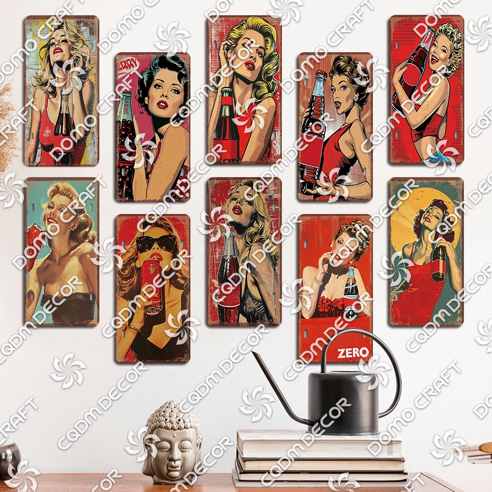 Drink Cola Poster License Plates Retro Cherry Sexy Girls Metal Tin Sign Wall Decor for Cafe Bar Pub Club Home 15x30cm