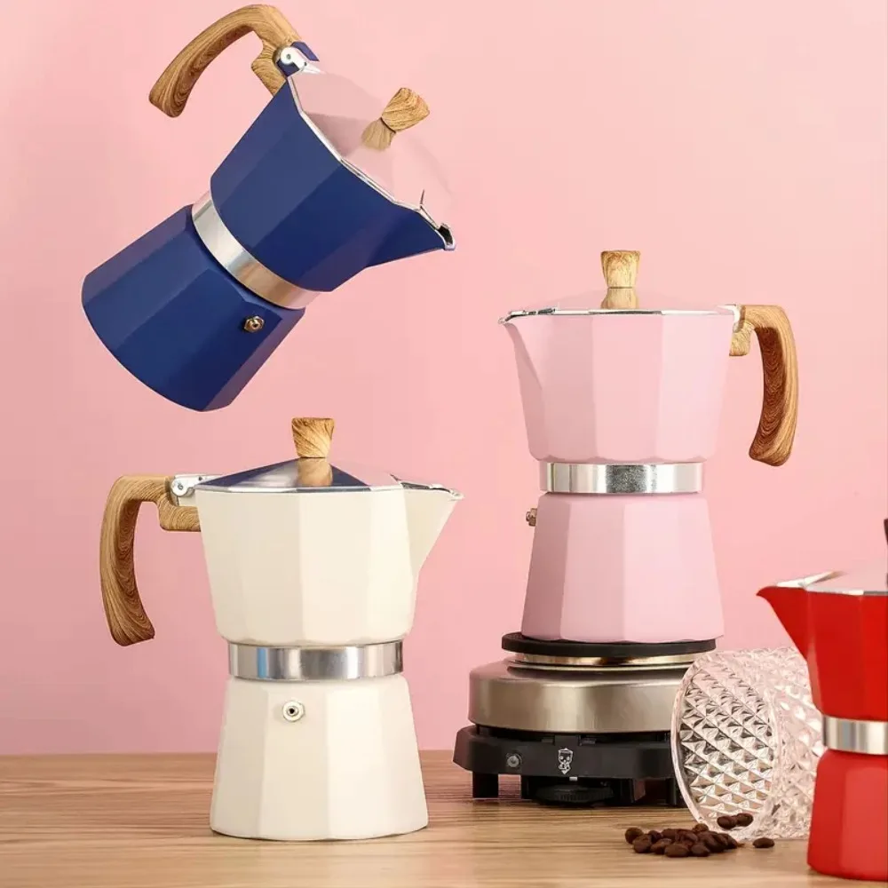 Achteckiger Vintage-Moka-Topf aus Aluminium, 150 ml/300 ml, langlebig, Espressomaschine, Topf mit Holzmuster, Griff, Kaffeemaschine, Herdplatte