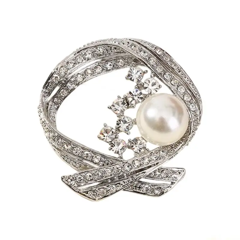 31BF Versatile Crystals Pearls Brooch Pin for Hats Bags Dresses Comfortable Alloy Jewelry Gift for Women