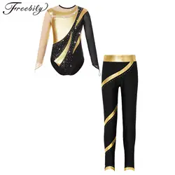 Kids Girls Ballet Gymnastics Sets Long Sleeve Cutout Back Leotard with Pants Suit for Figure Skating Dancewear Stage Performance