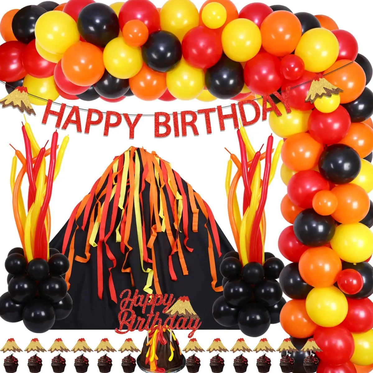 

JOYMEMO Volcano Hot Lava Theme Birthday Party Decoration Supplies Lava Balloon Garland Volcano Happy Birthday Banner Cake Topper