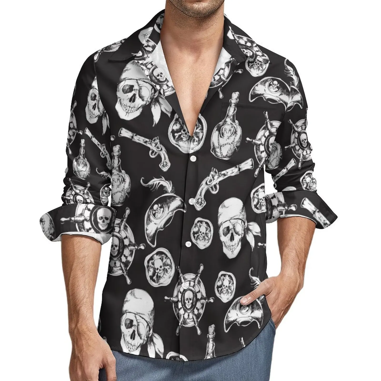 

Men's Shirt Cool Pirate Casual Shirts Long Sleeve Gun And Skull Print Harajuku Blouse Autumn Trendy Graphic Oversized Top