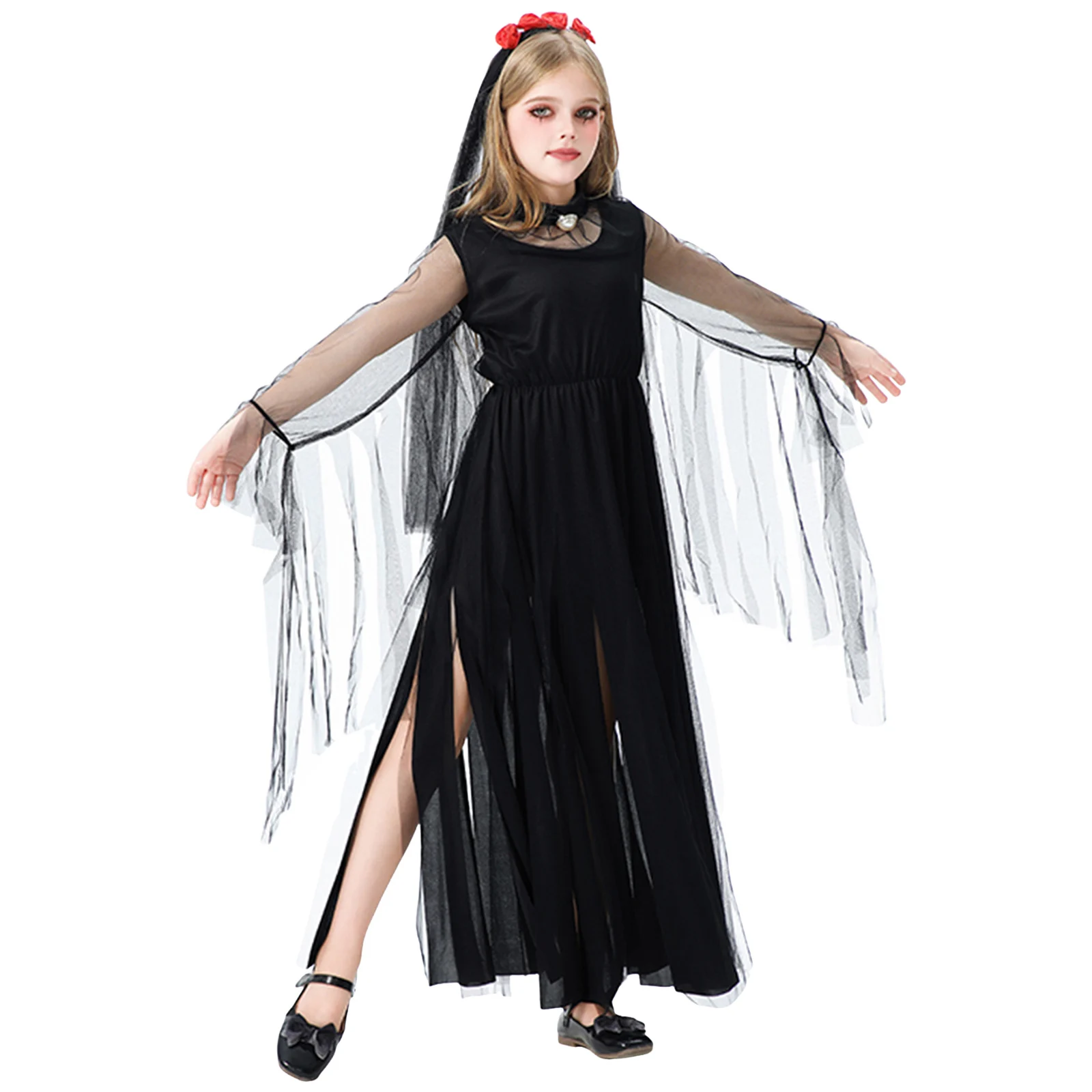 

Платье динозавра, костюм с привидениями для девочек, платье с капюшоном, зубчатыми краями и вязаной сеткой, кружевное платье цвета шампанского для девочек с цветочным узором