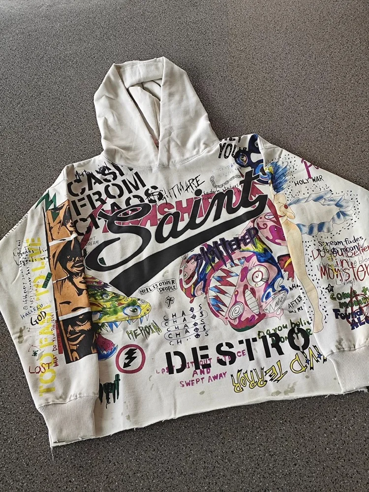 

2025 Washed White Saint Michael Hip Hop Pants Men Women Best Quality Graffiti Printing Drawstring Jogging Pants Tracksuit Set