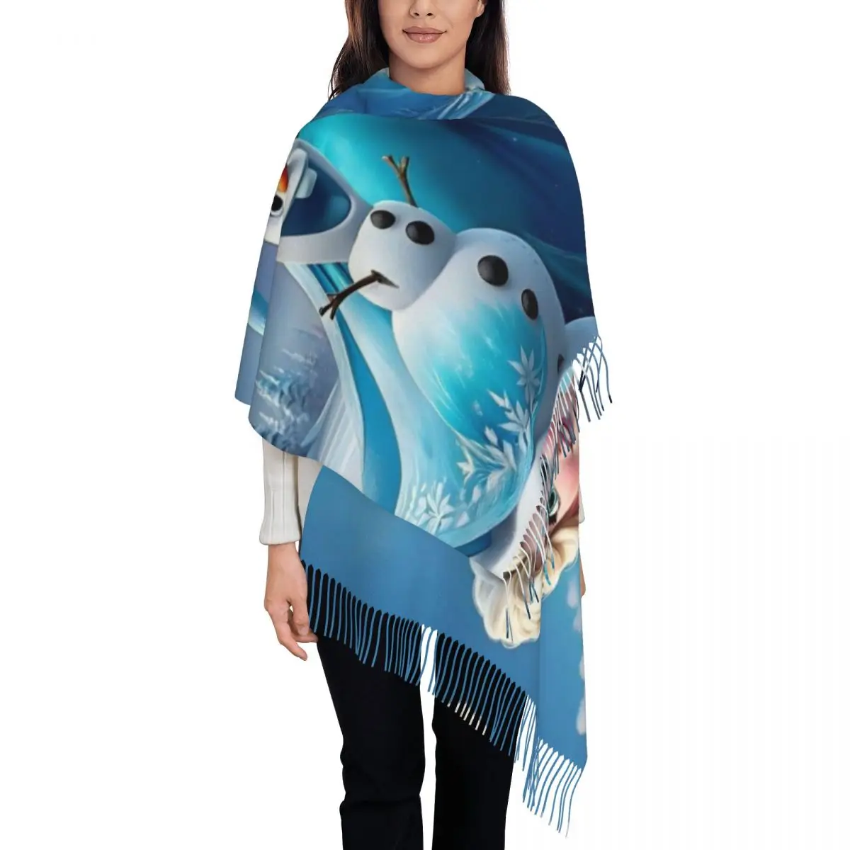 

Custom Stylish Frozen Cartoon Elsa Tassel Scarf Women Winter Warm Shawls Wraps Female Scarves