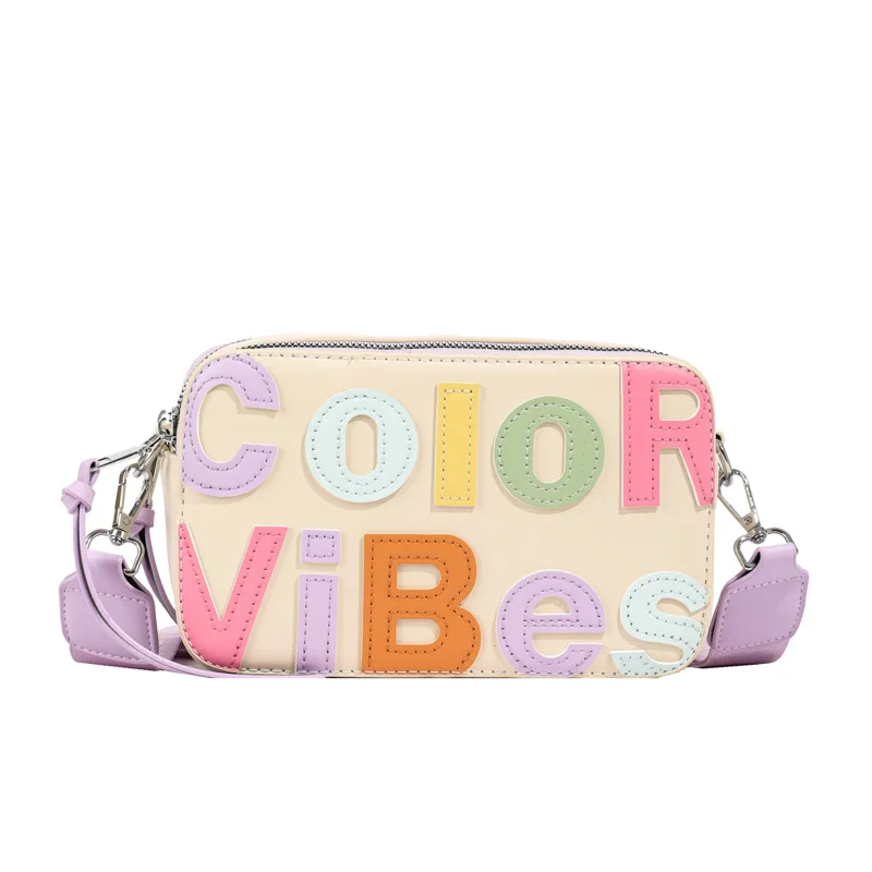 

New Trendy Dopamine Color Block Camera Shoulder Women's Bag Letter Splicing Small Square Crossbody Bag