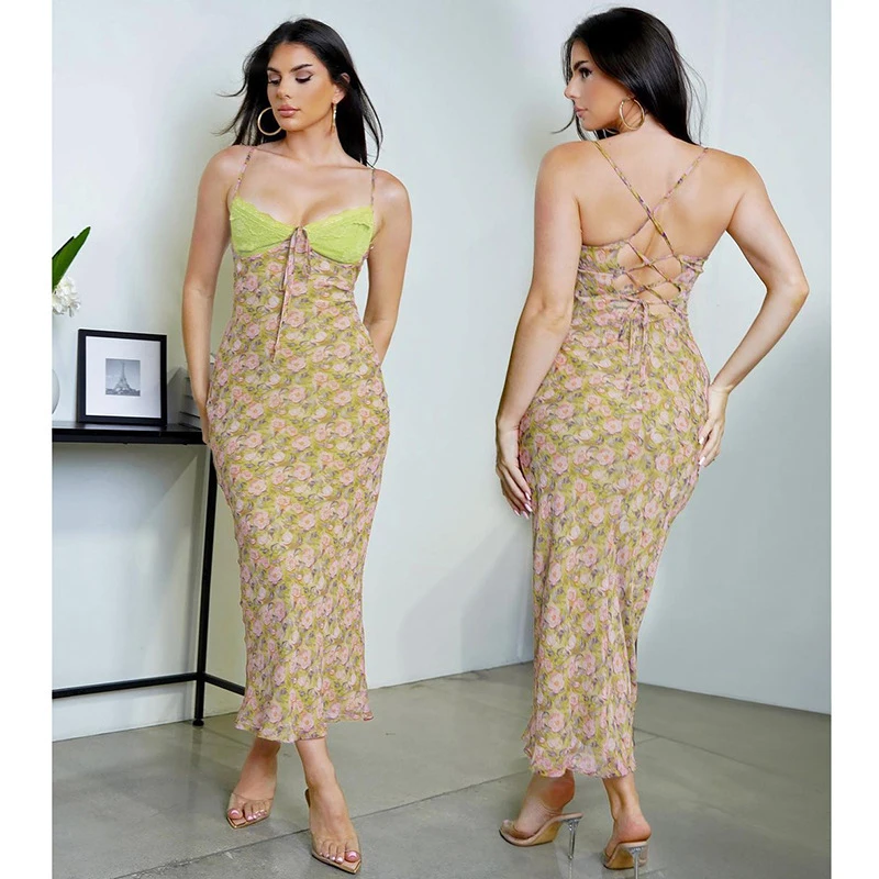 Sexy Spaghetti träger ärmellose Vintage Low Cut Kleid Frauen Blumen druck Schnür Party Nachtclub Strand Sommerkleid 2024 Sommer