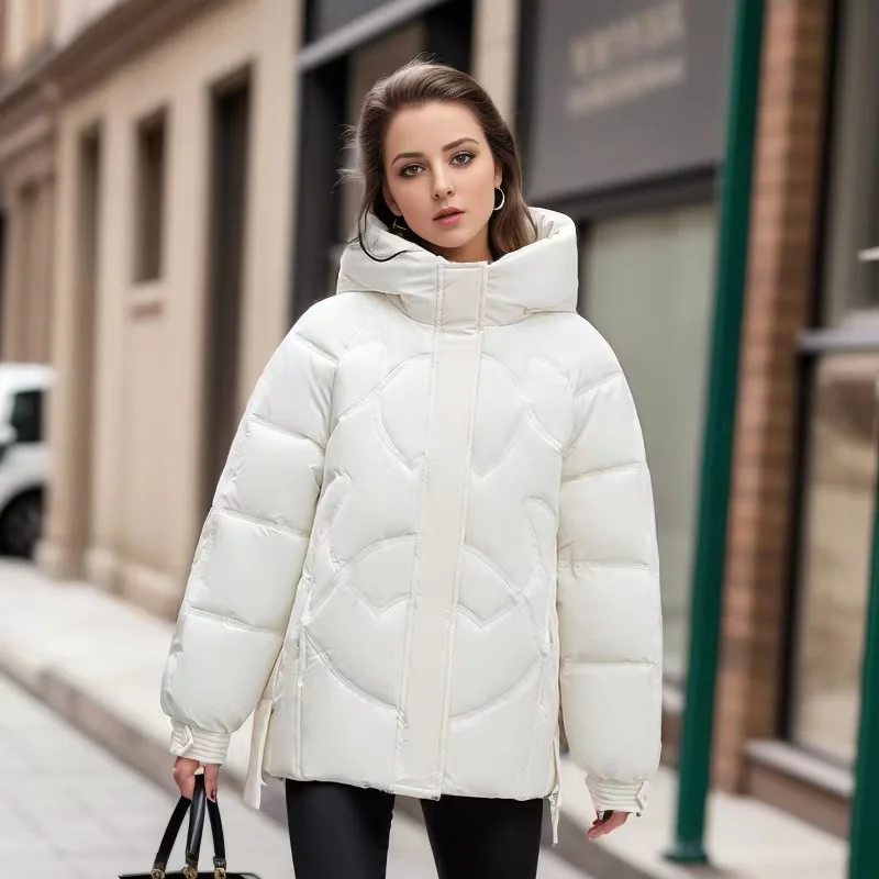 

2024 Winter Women's Cold Fashion Loose Hooded Pockets Zippers Jacket New Vintage Soft Warm Long-Sleeved Down Cotton Coat