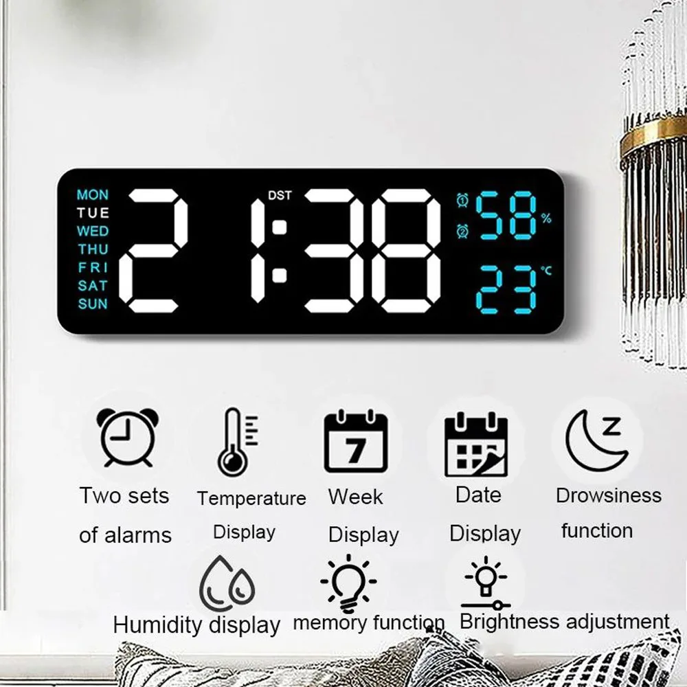 Digital LED Alarm Clock with Calendar,Temperature and Humidity. Acrylic or Mirror Surface Selectable. Desk Clock or Wall Hanging