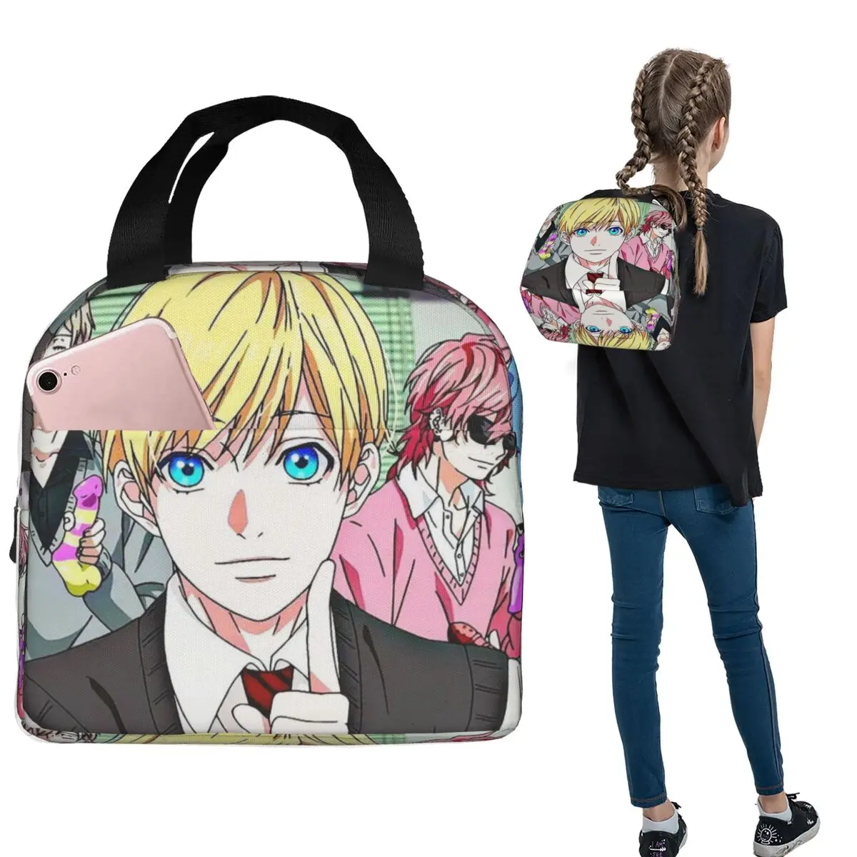 Yarichin B Club Anime Manga Vintage isolierte Lunchtasche für Damen und Kinder, tragbare Lebensmittelboxen, Thermo-Lunchbox-Tragetasche