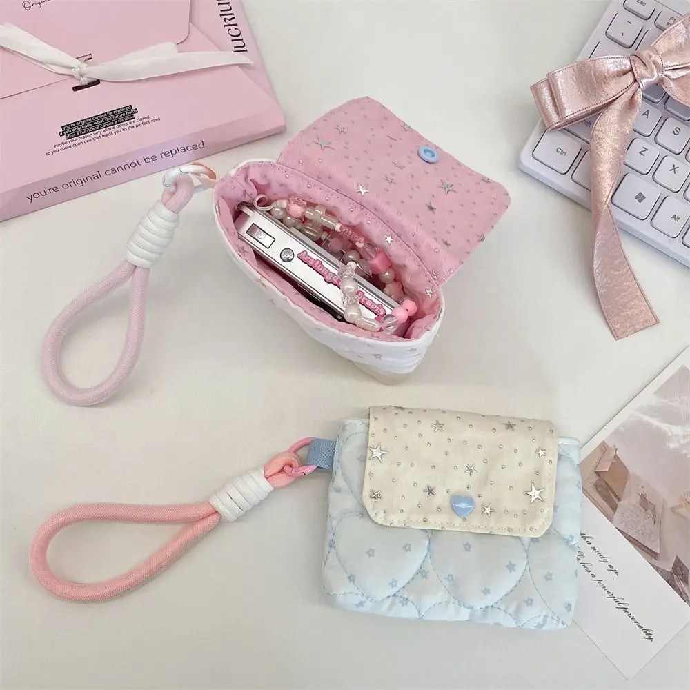 Snap Closure Quilted Star Glitter Card Bag Cute Portable Cloth Printed Wallet Korean Style Multiple Card Lipstick Makeup Bag