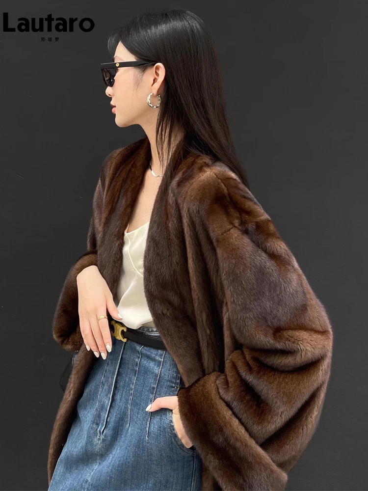 Lautaro Winter Long Vintage Elegant Luxury Chic Thick Warm Soft Brown Fluffy Faux Mink Fur Coat Women V Neck Furry Overcoat 2023