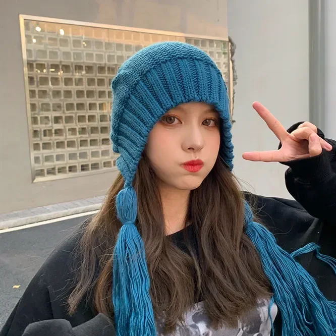 Autumn Winter Ear Protection Hat Women\'s Warm Knitting Baotou Tassels Girl Outdoor Cute Hat Korean Japanese Students Blue