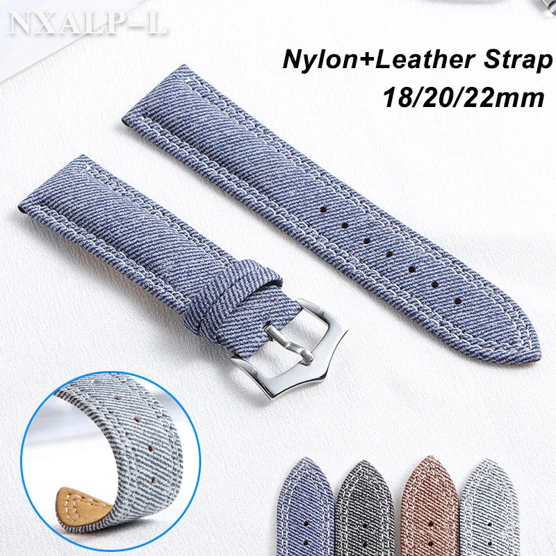 Denim Canvas Nylon Watch Strap 18mm 20mm 22mm Leather Watch Band for Seiko for Omega Bracelet Smart Watch Wristband Accessories