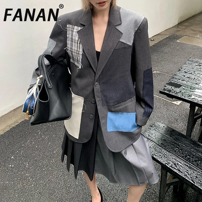 FANAN スプライシングコントラストカラーブレザー女性のためのシングルブレストファッションストリートジャケット女性コート 2025 秋の新潮