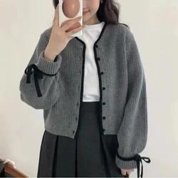 Vintage Sweet Autumn/Winter New Sweaters Coat Women's O-Neck Bow Button Korean Fashion Casual Long Sleeve Cardigan Knitted Tops