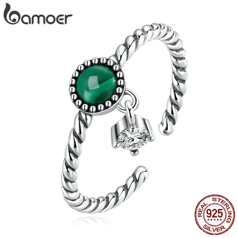 Bamoer 925 Sterling Silver Malachite Open Size Ring for Women Fine Jewelry Green Gem Stone Ring for Female Wedding Gift SCR853