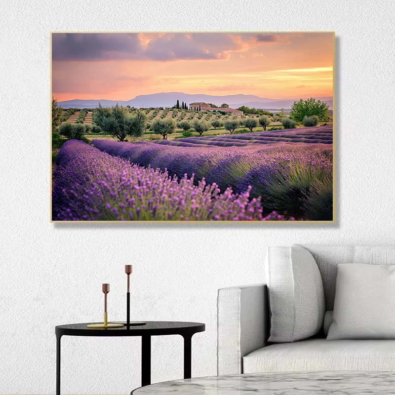 Modern Sunset Provence Lavender Landscape Rustic Village Flower Field Poster Canvas Painting Wall Art Pictures Home Decor