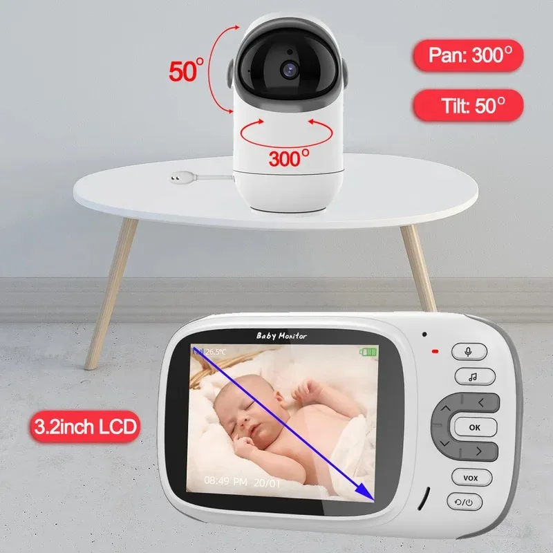 3.2 Inch Video Baby Monitor With Digital Zoom Surveillance Camera Pan Tilt Night Vision 2-Way Audio Talk Temperature Monitoring