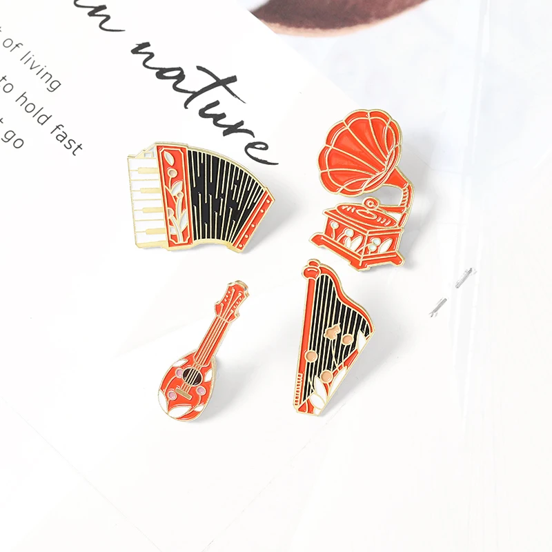 Enamel Pins Custom Phonograph Accordion Guitar Pin Badge Jewelry Gift Black red style  Pines Pulp Fiction Vintage Instrument