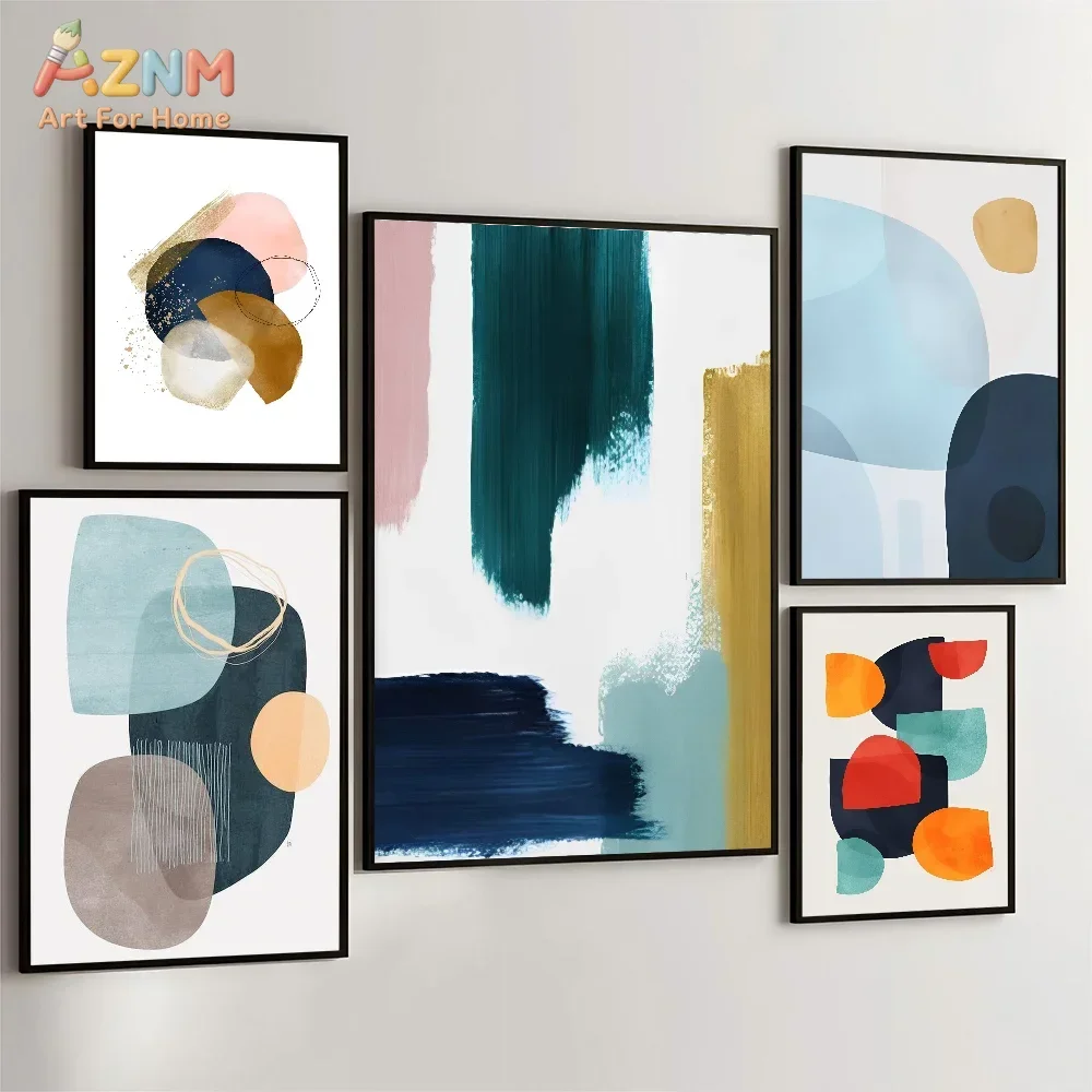 AZNM Teal Navy Gold Abstract Geometric Canvas Print Watercolor Brush Stroke Color Block Shapes Unframed Canvas Wall Art Modern L