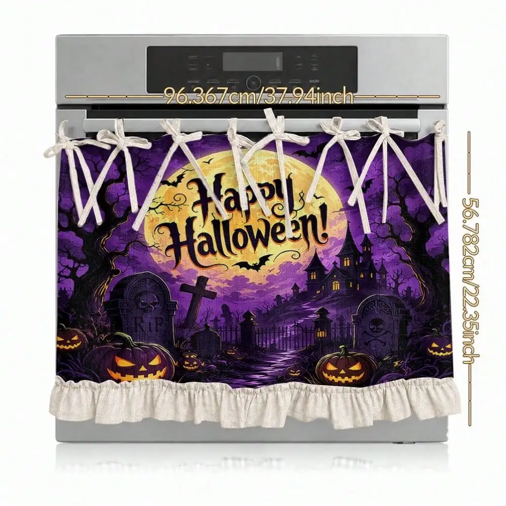 2D Halloween Style, Kitchen Decor, Multifunctional Oven Protective Curtain, Happy Halloween Graveyard Pumpkin Pattern, Linen with Ruffled Hem And Ribbon Ties, Home Festival Decoration for Kitchen Stove Kitchen Apron