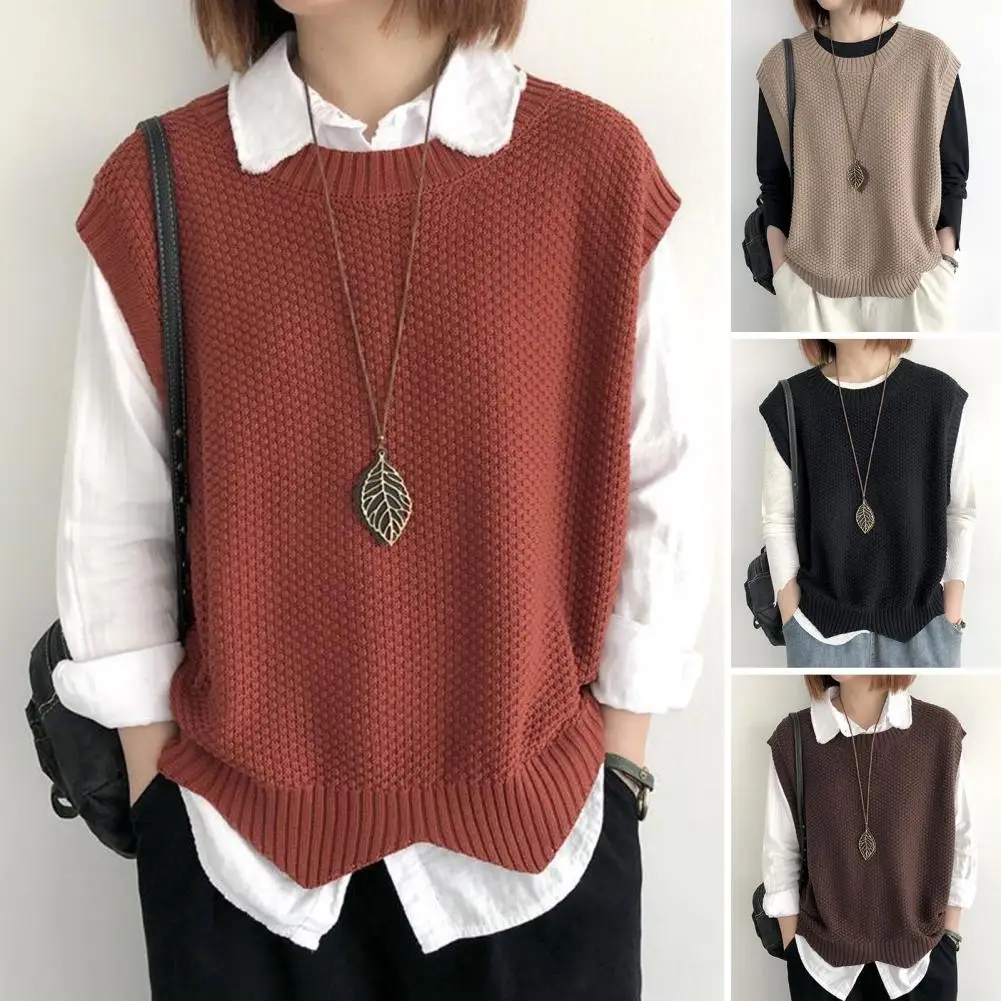 

Cozy Women Vest Cozy O Neck Knitted Vest for Women Soft Autumn Winter Waistcoat with Wavy Hem Top Knitwear for Ladies Women