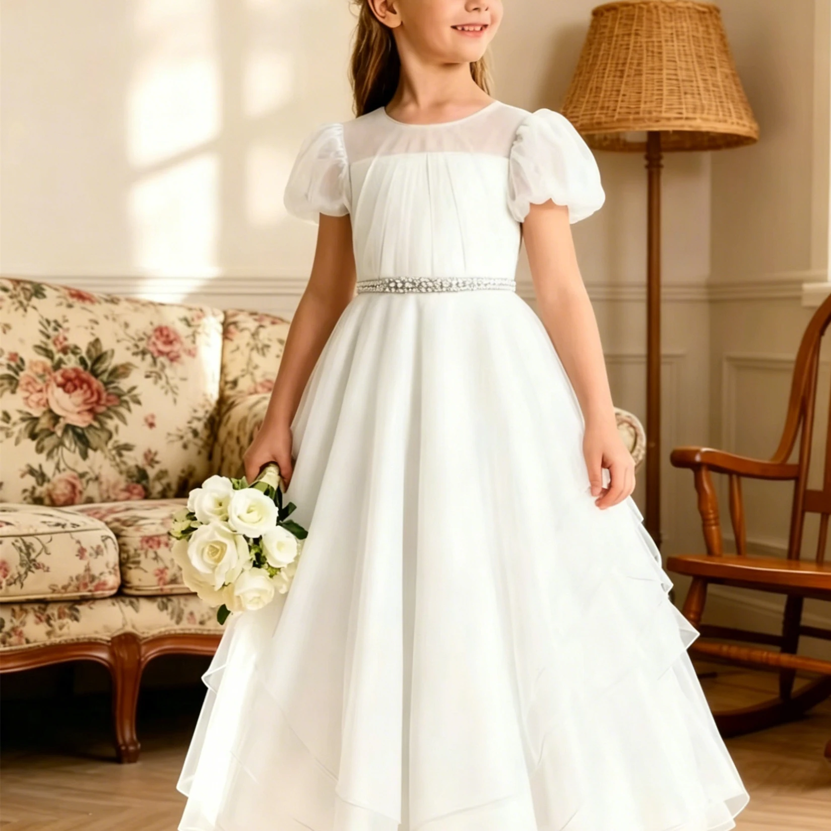 

Customized White Flower Girl Dress For Wedding Short Sleeve Floor Length Elegant Kids Birthday Party First Communion Gown New