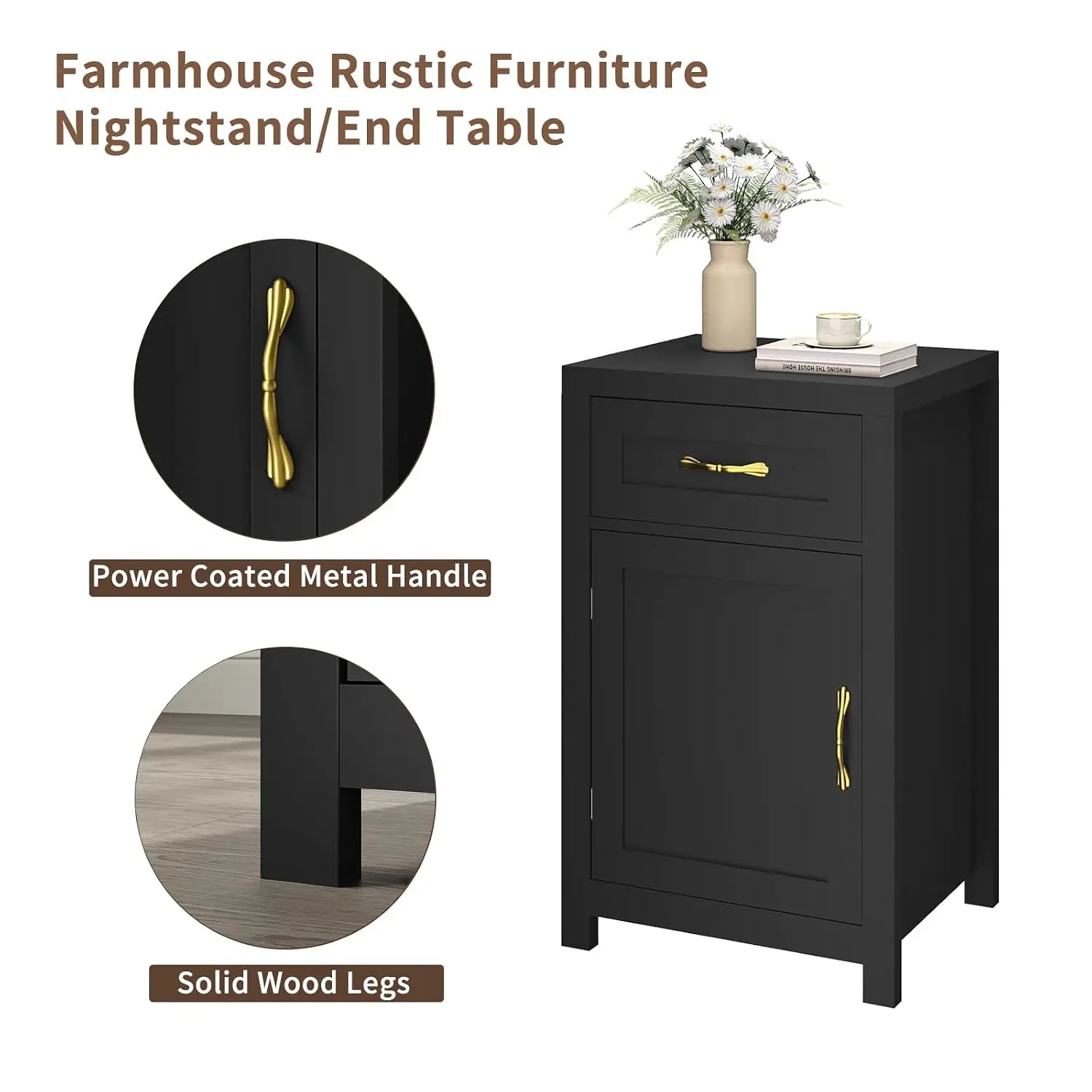 Farmhouse Nightstand with Drawer and Shelf, 30" End Table, Black