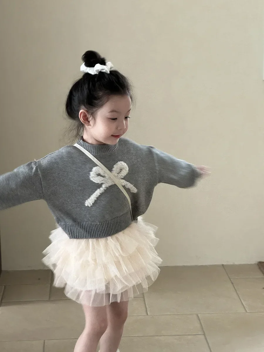 Sweaters Girl Autumn Korean Bow Sweater Children Clothing Embroidery Short Easy Knitting 2024 Loose Simple Round Collar