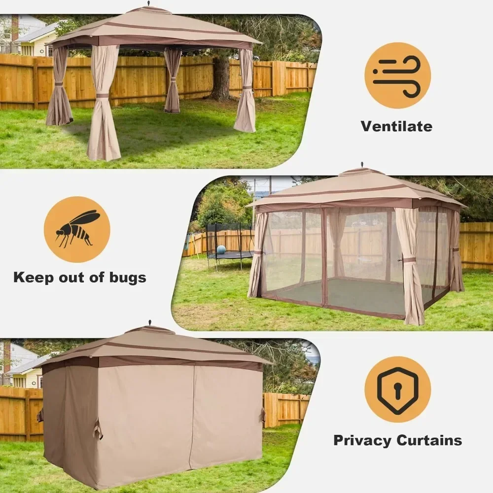 11x13 Terrace Gazebo, Gazebo and Sandbag with Curtains and Grille, Double Roof Round-legged Canopy for Garden,Shade Gazebos