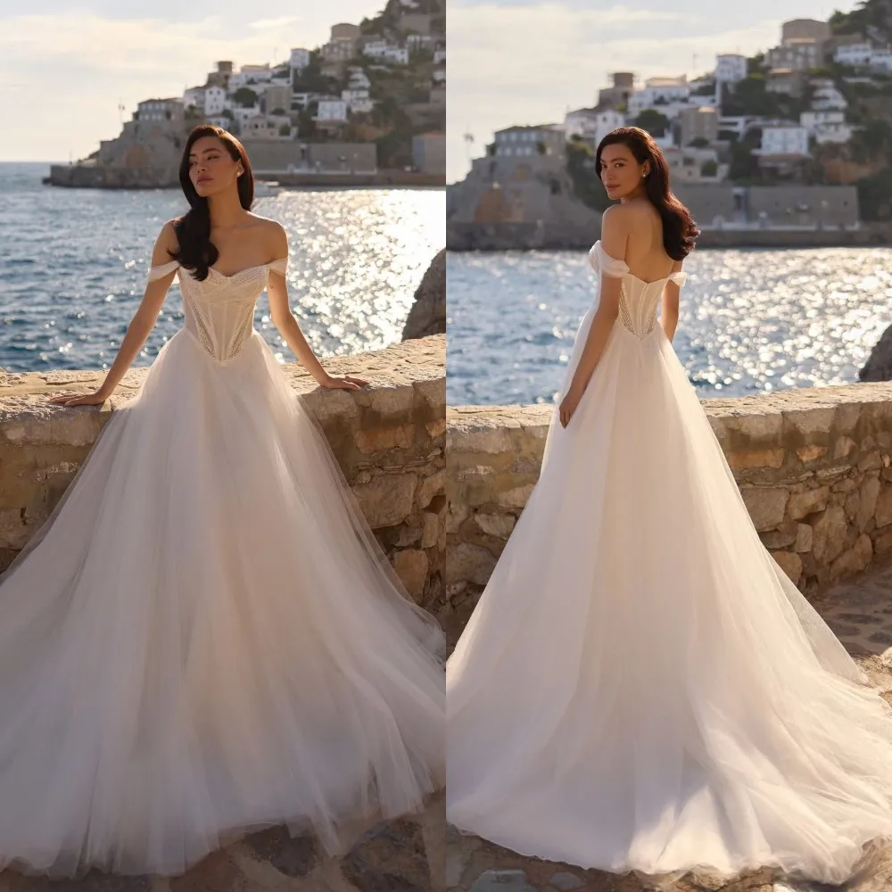Luxury Ball Gown Wedding Dress Off the Shoulder Shining Appliques Lace Bridal Gowns Customized Sweep Train Robe De Mariée