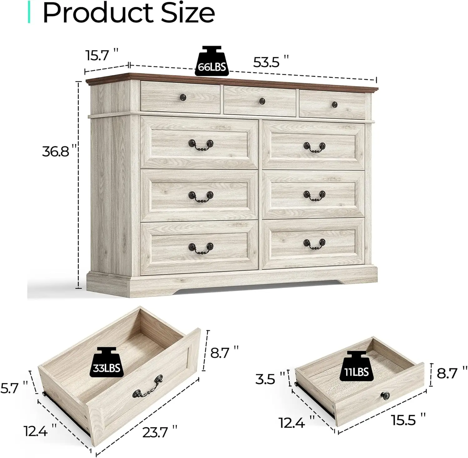 Linsy Home Farmhouse 9 Drawers Dresser, White Wood Dresser For Bedroom Wide Chest Of Drawers, French Country Storage Double