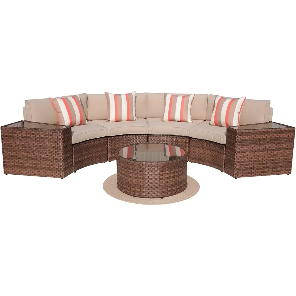 

7-Piece Outdoor Sectional Furniture Set with Round Coffee Table, Patio Curved Sofa Set, Beige Cushion and Brown Wicker, Incl