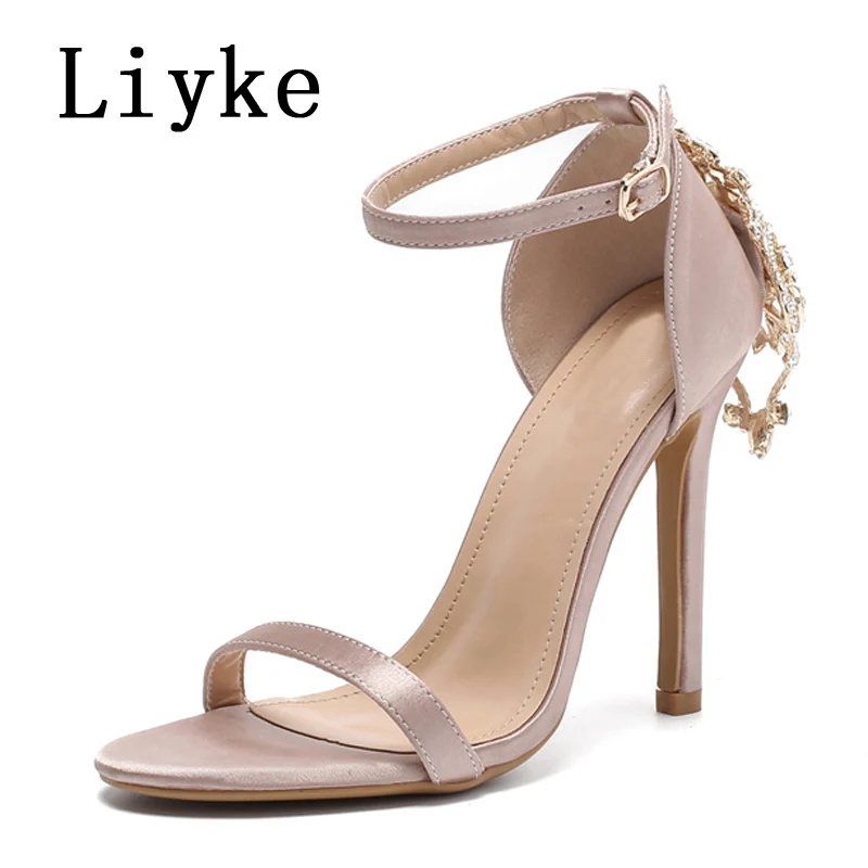 Liyke Designer Crystal Rhinestone Metal Cover Heels Gladiator Sandals Women Summer Fashion Open Toe Ankle Strap Party Dress Shoe