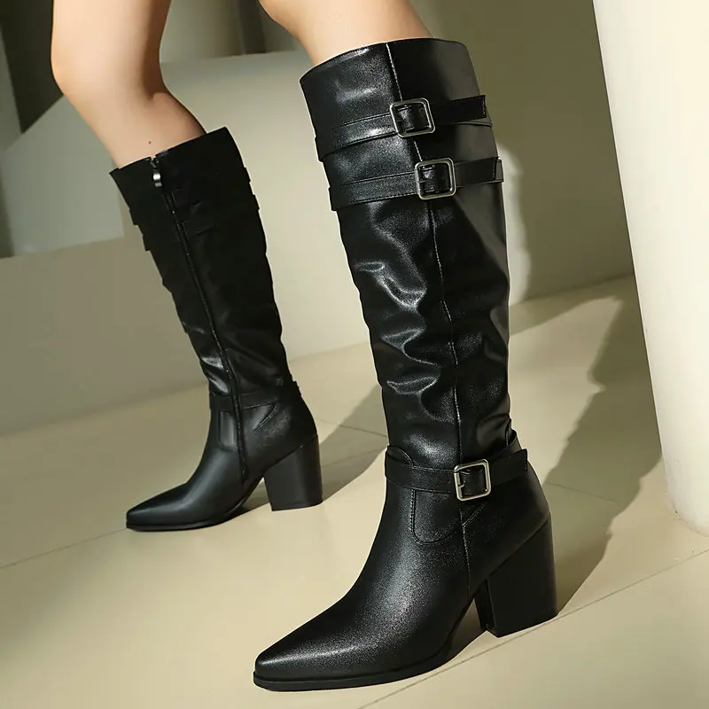 Womens Denim Stacked Boots Pointed Toe Chunky Heel Below Knee High Western Multi Buckle Side Zip Retro Rider Boots