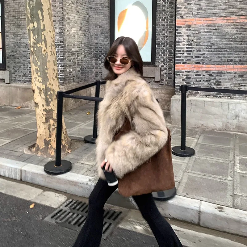 

Новинка 2023 года, повседневные уличные куртки, женская короткая куртка из искусственного меха, элегантные модные однобортные свободные пальто с воротником-стойкой