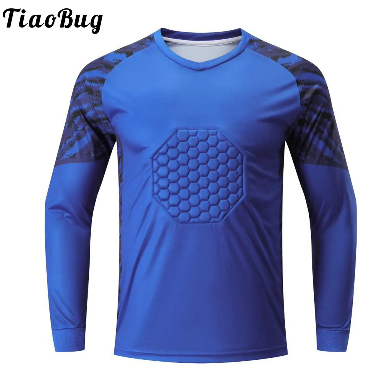 Mens Sport Tops Fashion Padded Goalie Shirt Casual Stylish Print Long Sleeve V-neck Goalkeeper T-shirt for Football Soccer Game