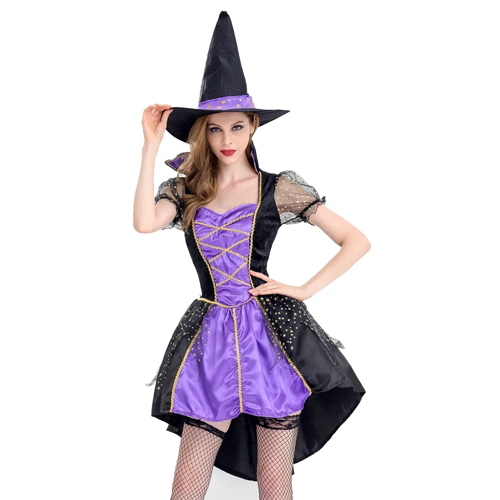 

Halloween Sexy Adult Witch Costumes Women Tailcoat Dress Purple Swallowtail Clothes