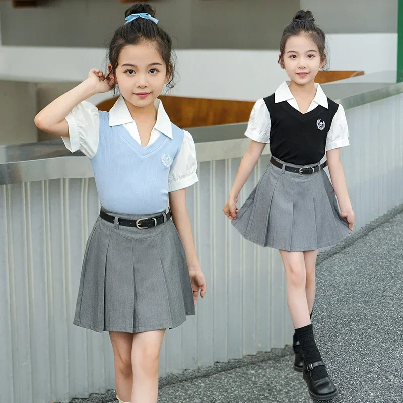 junior fille Academy style suit 120-180 teen girls clothes set Bubble sleeve T-shirt+Pleated short skirt+belt 3pcs kids outfits