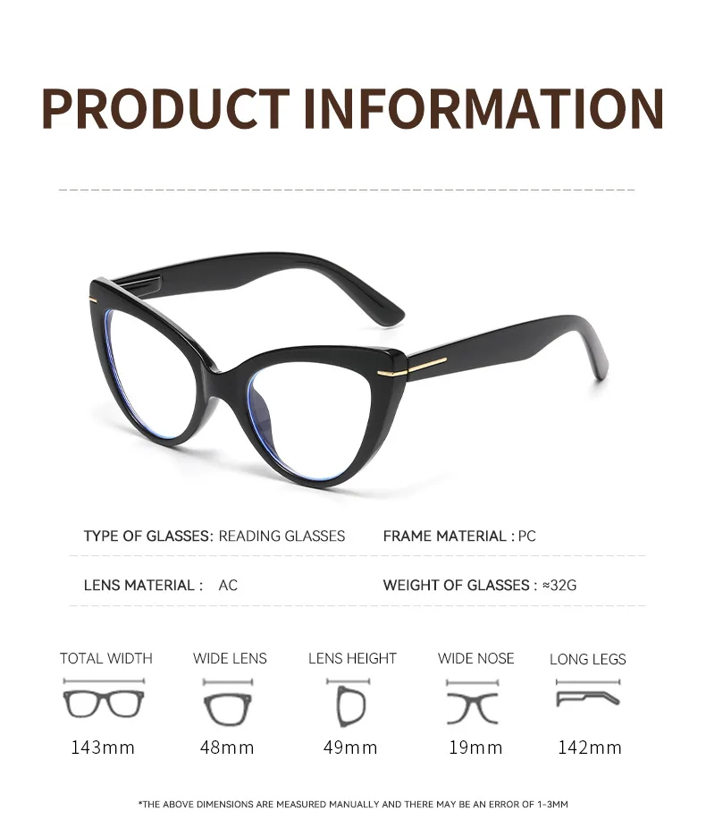Women's Versatile Large Framed Cat Eye High-definition Reading Glasses Anti-Blue Light Elegant Fashionable Eyeglasses 0 TO +4.0