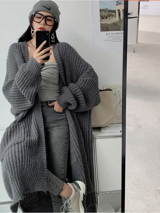 

Korean Sle Long Sve Thiened Lazy Knitted Open Cardigan Women Loose Mid-Length Sweater Coat Large Coat Spring Autumn