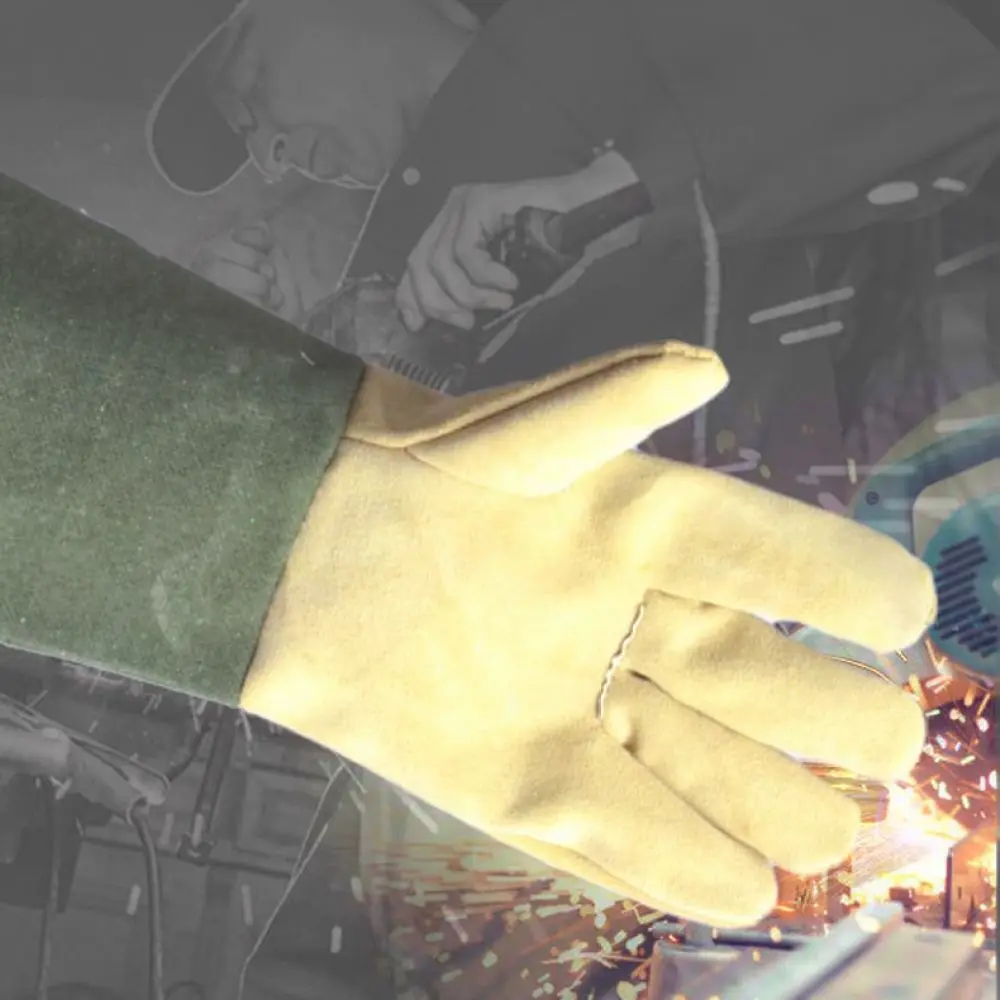 Welding Gloves Cowhide Leather Green Canvas Cuff Heat Resistant Protective Work Mittens Industrial Metalworking Safety Gear